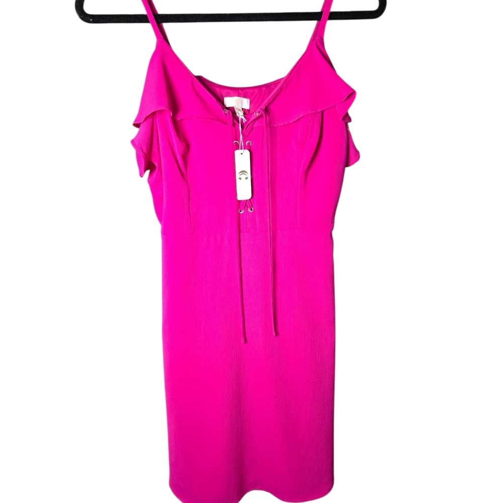 Hot Pink Ruffle Strap Mini Dress Lace Up Front Fit Flare Size M NWT